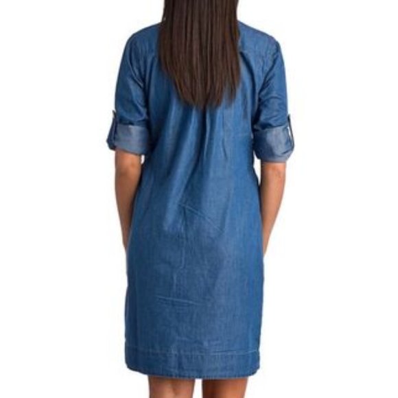 Marisa Kenson Blue Denim Pocket Belted Waist Roll-Up Sleeves Mini Dress - M NWT - Picture 3 of 5